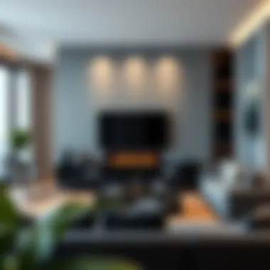 Contemporary urban living room featuring a stylish TV stand with an integrated fireplace