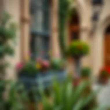 Lush garden with large flower box planters integrating with architecture