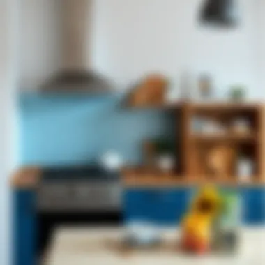 DIY installation of light blue peel and stick backsplash on wall