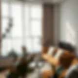 A modern urban apartment showcasing lightweight sheer curtains that enhance natural light