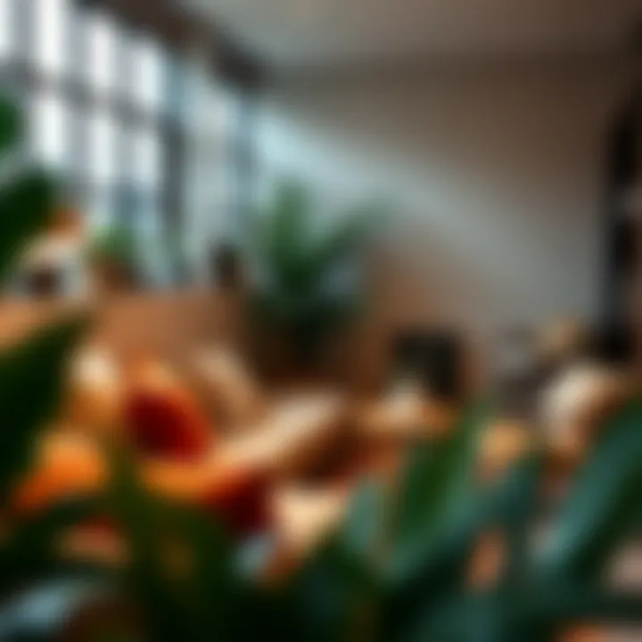 Cozy corner of a lounge space with decorative cushions and plants