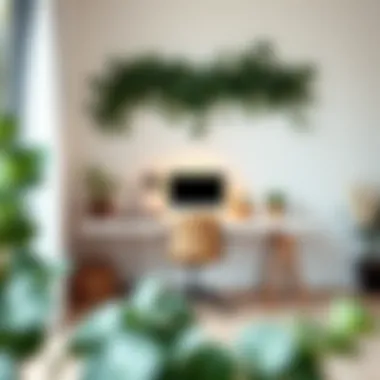 Minimalist Workspace Enhanced by Eucalyptus A minimalist workspace adorned with artificial eucalyptus for a touch of nature