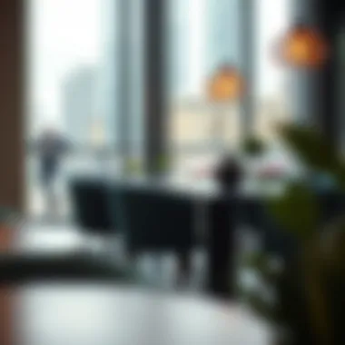 Contemporary dining space featuring velvet chairs in an urban setting