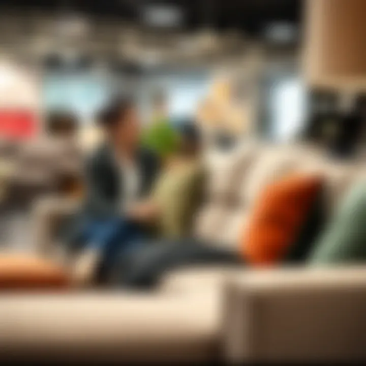 Satisfied customer experiencing a sofa in a showroom