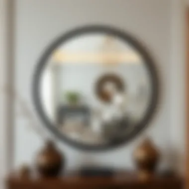 Elegant round mirror with black trim reflecting a modern living space