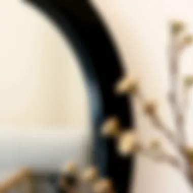 Close-up of the texture and details of a black-trimmed round mirror