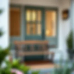 Elegant wooden bench positioned by a front door