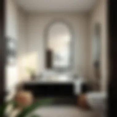 Tall black arch mirror enhancing the spaciousness of a modern bathroom