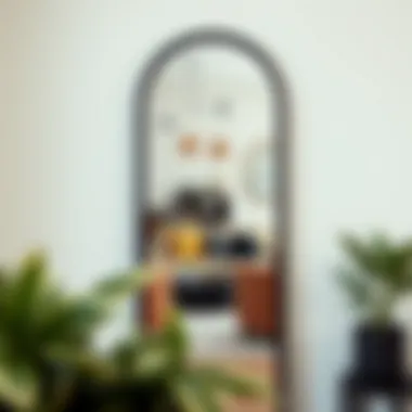 Elegant tall black arch mirror reflecting a stylish urban living space