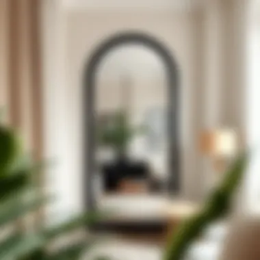 Stylish interior showcasing the tall black arch mirror in a cozy corner