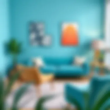 A beautifully arranged living space featuring a turquoise couch and complementary decor
