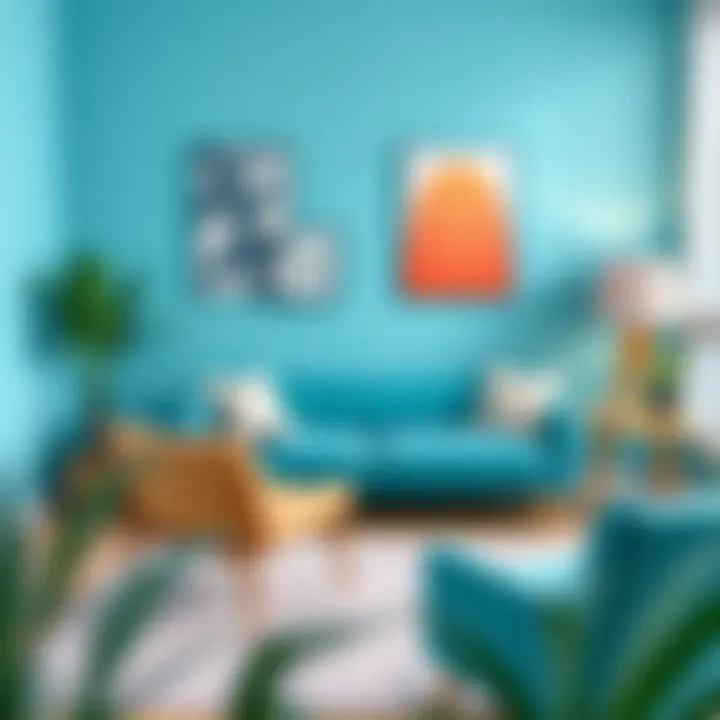 A beautifully arranged living space featuring a turquoise couch and complementary decor