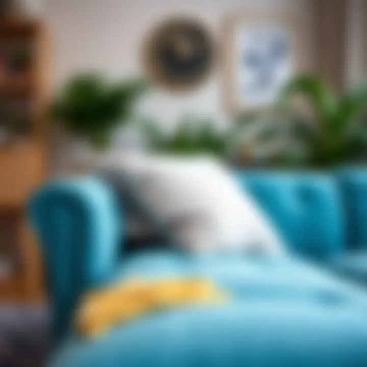 Maintenance tips for a turquoise couch set with cleaning supplies