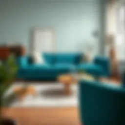 A stylish turquoise couch set in a modern urban living room
