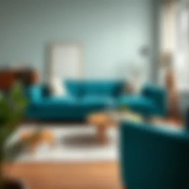 A stylish turquoise couch set in a modern urban living room