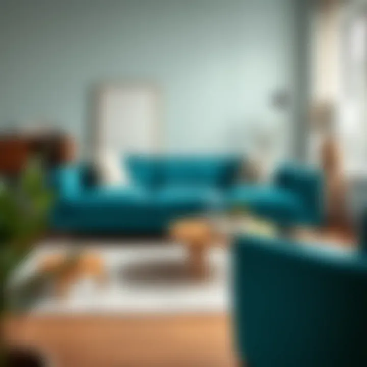 A stylish turquoise couch set in a modern urban living room