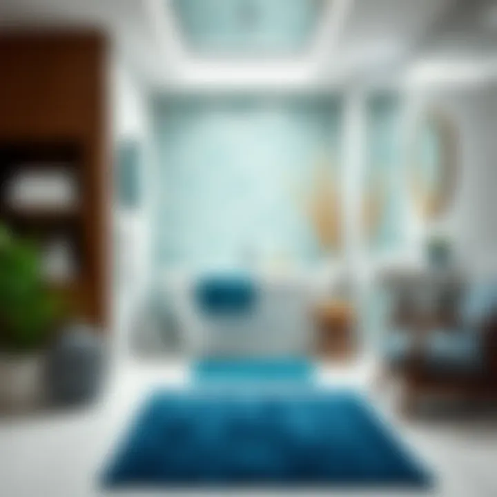 Blue green bath rug coordinating with bathroom decor and accessories