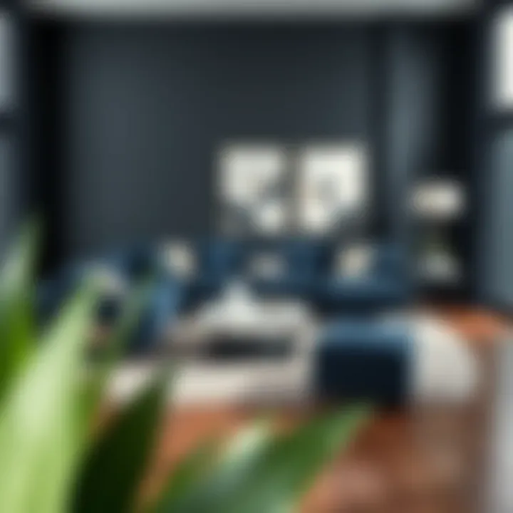 Elegant navy sectional with chaise in a modern living room