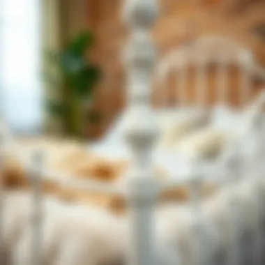 Close-up of intricate design details on a white rod iron bed frame