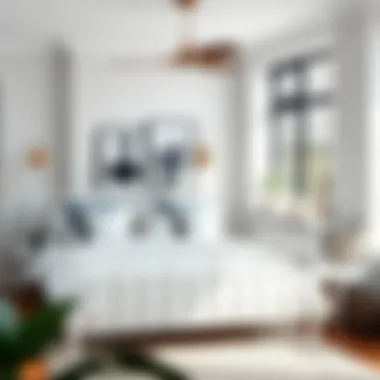 Stylish urban bedroom featuring a white rod iron bed frame and contemporary decor