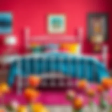 White rod iron bed frame paired with colorful bedding in a vibrant room