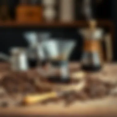 Artistry and Function: The Coffee Setup Aesthetic arrangement of coffee beans, metal tools, and brewed coffee