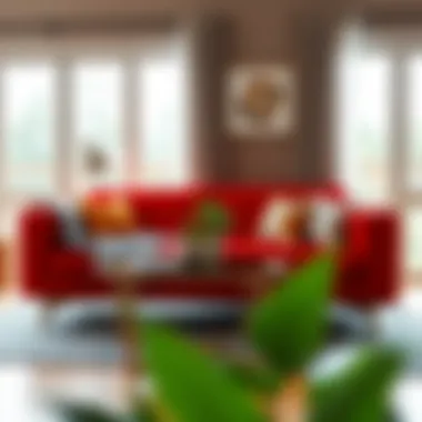 Red love seat styled with contemporary decor elements