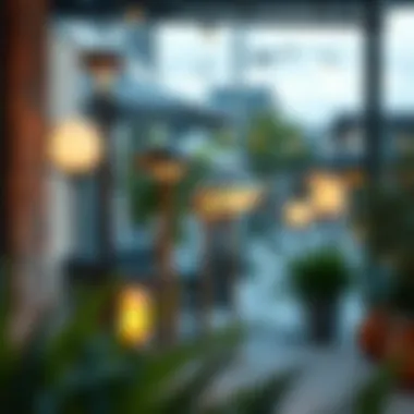 Diverse styles of exterior standing lamps displayed in a chic outdoor setting