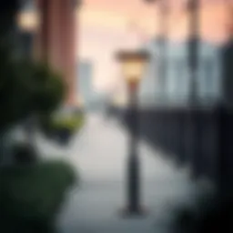 Elegant exterior standing lamp illuminating a modern urban pathway