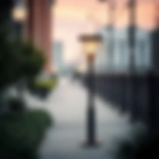 Elegant exterior standing lamp illuminating a modern urban pathway