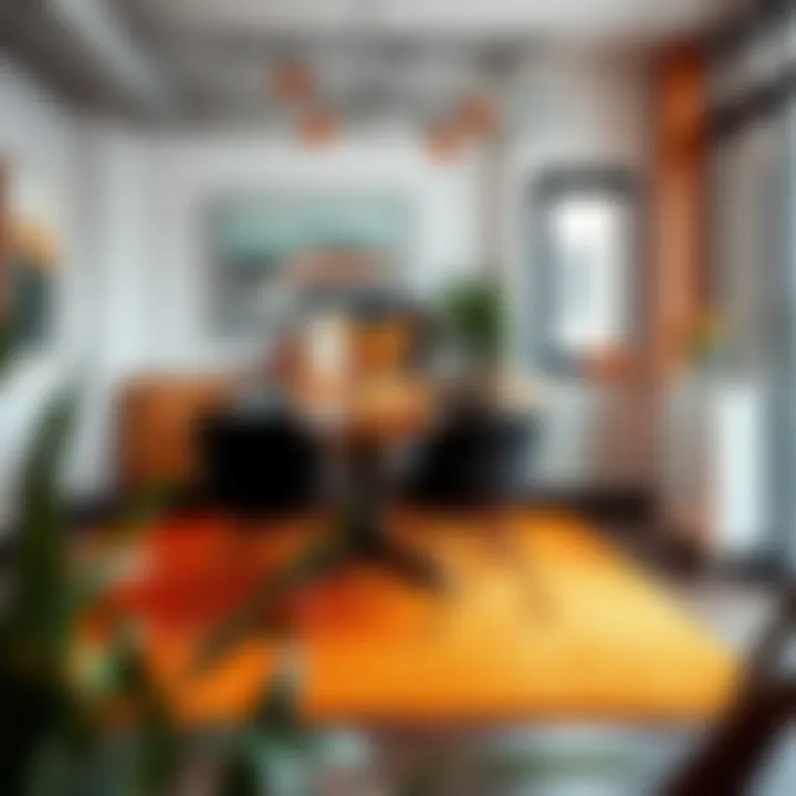 Urban dining area featuring a stylish solid orange area rug