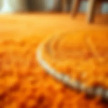 Close-up of the texture and material of an orange area rug