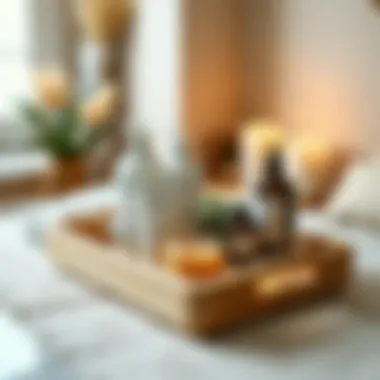 Wooden tray with skincare products and candles
