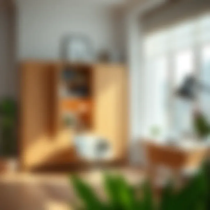 Stylishly arranged wood cabinet in a cozy home office