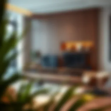 Modern living room featuring a multi-functional wood cabinet