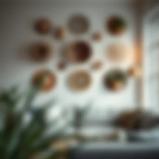 Aesthetic arrangement of small wall baskets in a modern living room