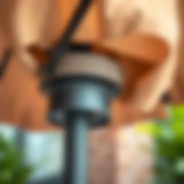 Detailed close-up of the base of a patio umbrella showcasing material texture and design.