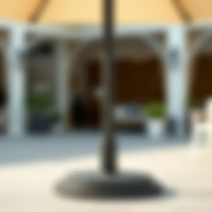 Stability features of a patio umbrella base emphasizing weight and support.