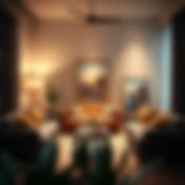 Stylish urban living room featuring gold framed posters