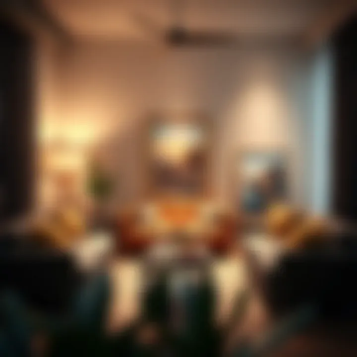 Stylish urban living room featuring gold framed posters