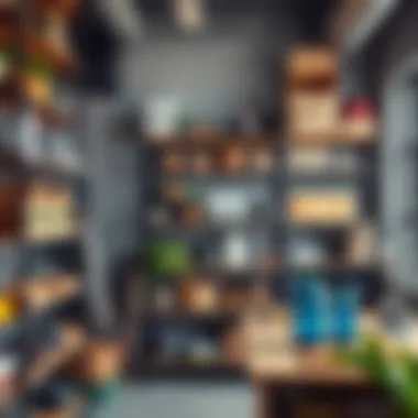 Industrial-style utility shelves in a workspace