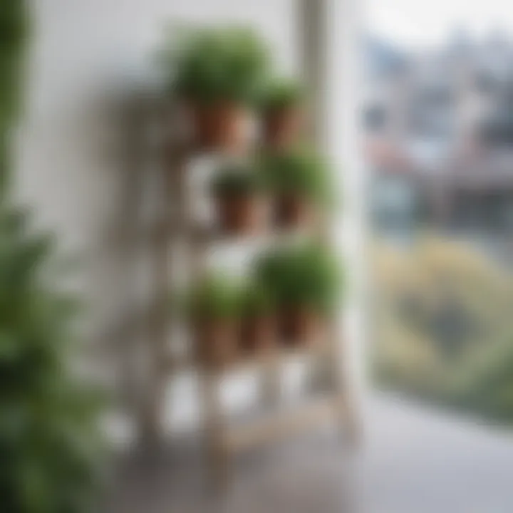 Rustic vertical plant stand made of wood, enhancing a balcony garden